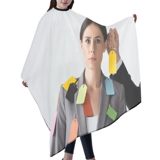 Personality  Businessman Putting Label On Beautiful Businesswoman Isolated On White, Gender Inequality Concept Hair Cutting Cape