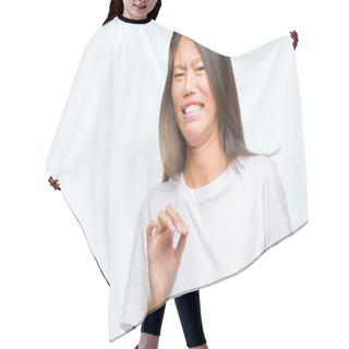 Personality  Young Asian Woman Over Isolated Background Disgusted Expression, Displeased And Fearful Doing Disgust Face Because Aversion Reaction. With Hands Raised. Annoying Concept. Hair Cutting Cape