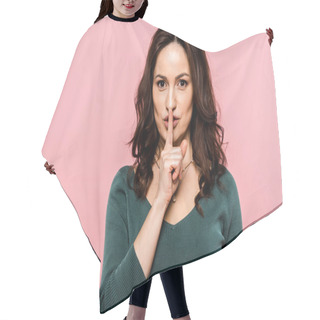 Personality  Attractive Woman Showing Hush Sign Isolated On Pink  Hair Cutting Cape