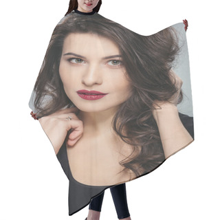 Personality  A Portrait Of Beautiful Brunette Woman Hair Cutting Cape