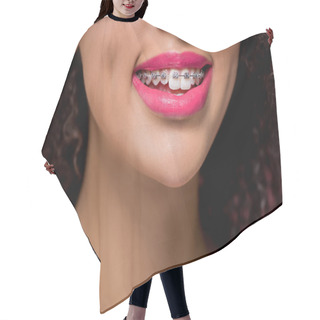 Personality  Cropped View Of Smiling African American Girl With Dental Braces And Pink Lips Hair Cutting Cape