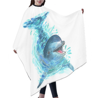 Personality  The Dolphin Splashes In The Water. Watercolor Art.A Fun Dolphin Is Played In The Water. Splashes Fly In All Directions. Fashionable Illustration. Hair Cutting Cape