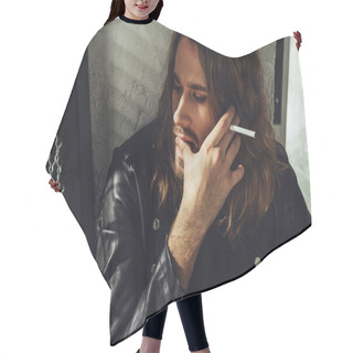 Personality  Stylish Long Haired Man With Cigarette Hair Cutting Cape