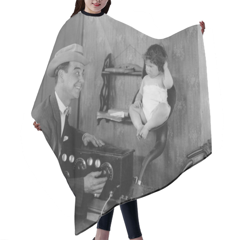 Personality  Father With Baby In Speaker Horn Of Old Radio Hair Cutting Cape