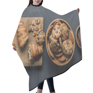 Personality  Flat Lay With Arranged Croissants, Chocolate And Cookies On Black Table Hair Cutting Cape