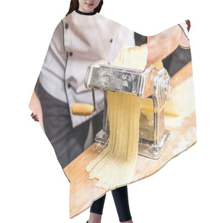 Personality  Cropped Image Of Chef Making Pasta With Pasta Maker Hair Cutting Cape