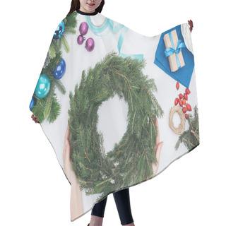 Personality  Partial View Of Woman Holding Handmade Pine Tree Wreath At Tabletop With Chrismtas Decorations Hair Cutting Cape