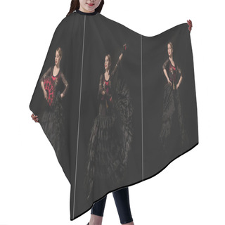 Personality  Collage Of Elegant Woman With Fan Dancing Flamenco Isolated On Black  Hair Cutting Cape