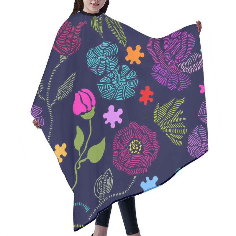 Personality  Spring Colors. Floral Seamless Vector Pattern With Embroidery Wildflowers. Hair Cutting Cape