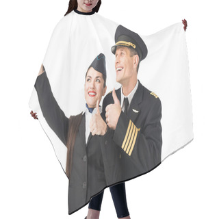 Personality  Smiling Stewardess And Pilot Taking Selfie Isolated On White Hair Cutting Cape