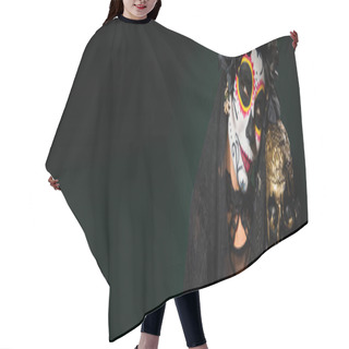 Personality  Woman With Mexican Day Of Dead Makeup Holding Skull On Dark Green Background, Banner  Hair Cutting Cape