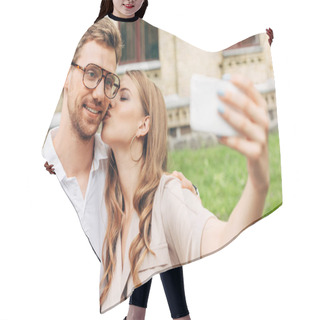 Personality  Beautiful Young Couple Taking Selfie While Spending Time Together Near Old Building Hair Cutting Cape