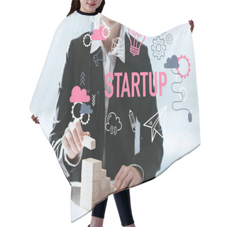 Personality  Cropped View Of Woman Building Career Ladder With Wooden Blocks, Icons And 'startup' Lettering On Foreground Hair Cutting Cape