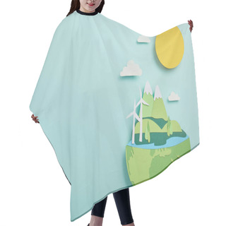 Personality  Top View Of Paper Cut Planet With Renewable Energy Sources On Turquoise Background, Earth Day Concept Hair Cutting Cape