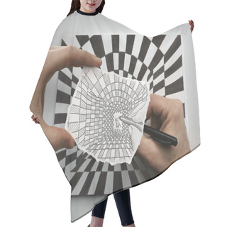Personality  Drawing Depicting Little Man In A Tunnel With Black And White Rectangles, Paper And Hands Of Owner Hair Cutting Cape