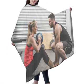 Personality  Fit Couple Doing Abdominal Ball Exercise Hair Cutting Cape