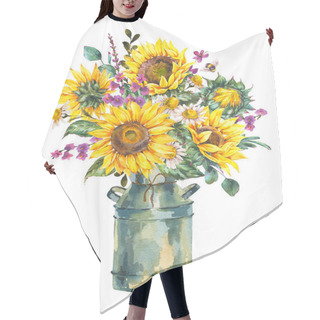 Personality  Watercolor Rustic Farmhouse Sunflower Bouquet, Vintage Jug, Vase Isolated On White Background. Yellow Sunflower Aesthetic Vintage Greeting Card. Summer Floral Collection. Hair Cutting Cape