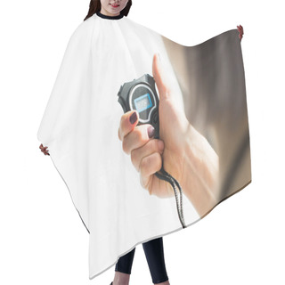 Personality  Woman Holding Stopwatch Hair Cutting Cape