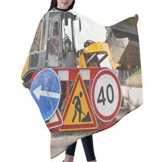 Personality  Signs Detour Of Road Work And Tractor With Ladle Hair Cutting Cape