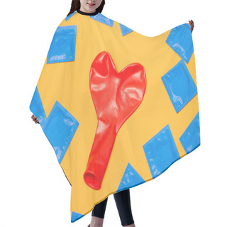 Personality  Top View Of Red Heart-shaped Balloon Near Blue Condoms Isolated On Orange  Hair Cutting Cape