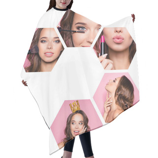 Personality  Collage Close-up Cropped View Of Five Hexagonal Nice-looking Attractive Gorgeous Glamorous Magnificent Wavy-haired Lady Doing Make-up Tell Gossip Isolated Over Pink Background Hair Cutting Cape