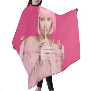 Personality  Beautiful Stylish Girl In Pink Wig Holding Scissors And Showing Silence Symbol Isolated On Pink Hair Cutting Cape