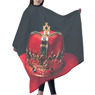 Personality  Ancient Golden Crown With Gemstones On Red Pillow, Isolated On Black Hair Cutting Cape