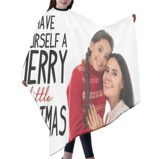 Personality  Happy Kid Hugging Cheerful Mother In Sweater Isolated On White With Have Yourself A Merry Little Christmas Illustration  Hair Cutting Cape