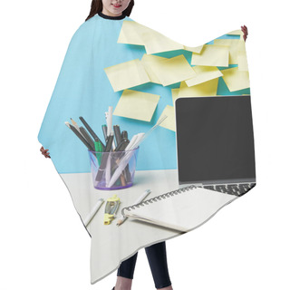 Personality  Laptop With Blank Screen Near Sticky Notes, Glasses And Stationery On Blue And White  Hair Cutting Cape