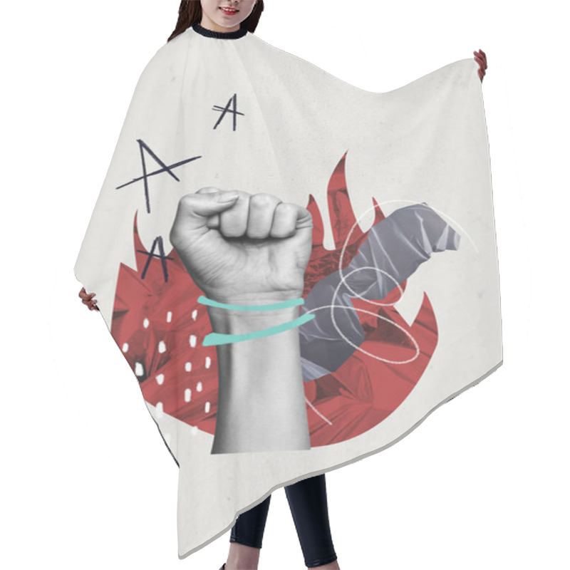 Personality  Artwork Collage Of Black White Burn Flame Fight Incognito Person Raise Hand Up Hold Fist Demonstration Conflict Protest Revolution Leader. Hair Cutting Cape