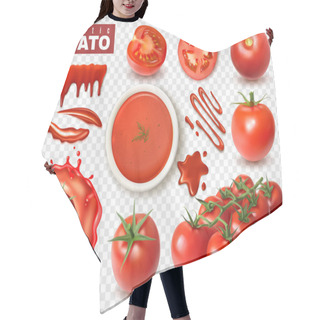 Personality  Realistic Tomato On Transparent Background Set With Isolated Images Of Whole Fruits Slices Splashes Of Juice Vector Illustration Hair Cutting Cape