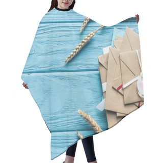 Personality  Top View Of Wooden Blue Background With Envelopes And Wheat Ears Hair Cutting Cape