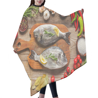 Personality  Elevated View Of Raw Fish On Wooden Board Surrounded By Ingredients On Table Hair Cutting Cape