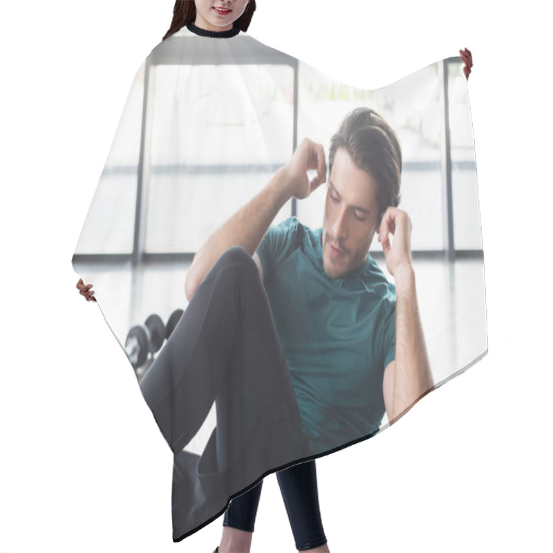 Personality  Sportsman Training On Fitness Mat In Sports Center  Hair Cutting Cape