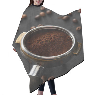 Personality  Portafilter With Fresh Ground Coffee On Dark Wooden Surface With Coffee Beans Hair Cutting Cape