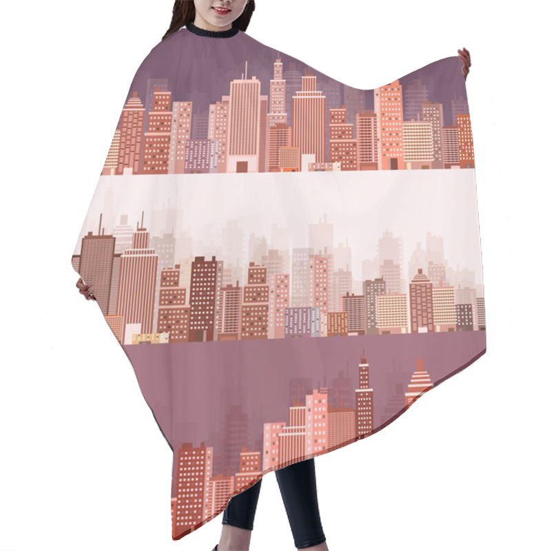 Personality  Vector Illustration. Set Of City Silhouettes. Cityscape. Town Skyline. Panorama. Midtown Houses. Skyscrapers. Hair Cutting Cape