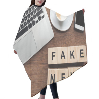 Personality  Top View Of Wooden Cubes With Words Fake News, Laptop And Cup Of Coffee On Wooden Tabletop Hair Cutting Cape