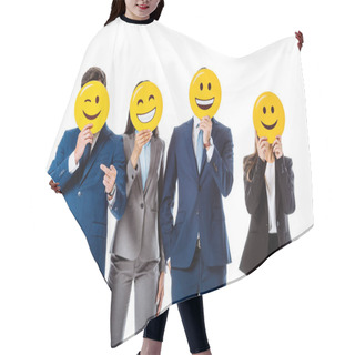 Personality  KYIV, UKRAINE - AUGUST 12, 2019: Multicultural Business People In Suits Holding Emoji In Front Of Faces Isolated On White Hair Cutting Cape