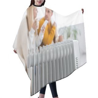 Personality  Modern Radiator Heater Near Blurred Couple Covered With Blanket  Hair Cutting Cape