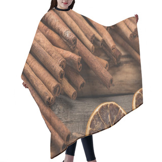 Personality  Cinnamon Sticks Near Dried Citrus Slices On Wooden Background Hair Cutting Cape