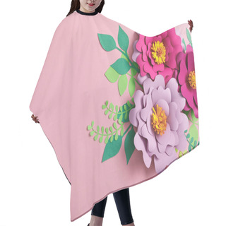 Personality  Top View Of Flowers And Paper Leaves On Pink Background Hair Cutting Cape