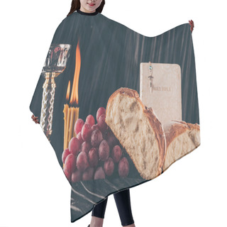 Personality  Bread, Bible, Chalice And Christian Cross On Black Table, Holy Communion Hair Cutting Cape