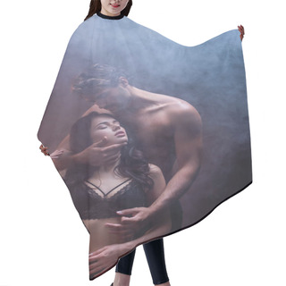Personality  Sexy Shirtless Man Hugging Neck Of Seductive Woman In Black Lace Lingerie On Dark Background With Smoke Hair Cutting Cape