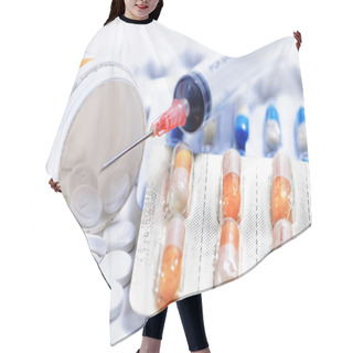 Personality  Syringe With Medications Pills Drug Hair Cutting Cape