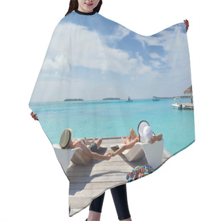Personality  Happy Young Couple Have Fun On Beach Hair Cutting Cape