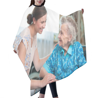 Personality  Senior Woman With Home Caregiver Hair Cutting Cape