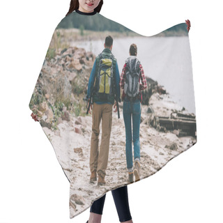 Personality  Back View Of Hikers With Backpacks Walking On Sandy Beach Together Hair Cutting Cape