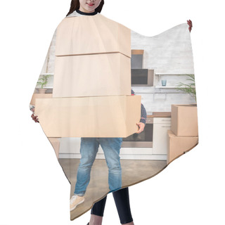 Personality  Man Holding Stack Of Cardboard Boxes While Moving Home  Hair Cutting Cape