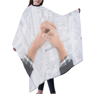 Personality  Cropped View Of Man With Folded Hands On Background With Tax Forms Hair Cutting Cape