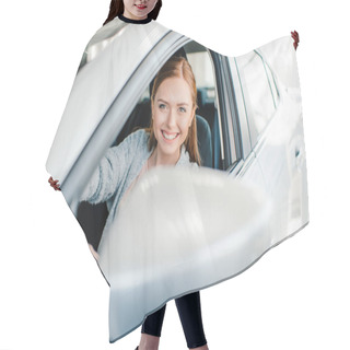 Personality  Woman Sitting In New Car  Hair Cutting Cape